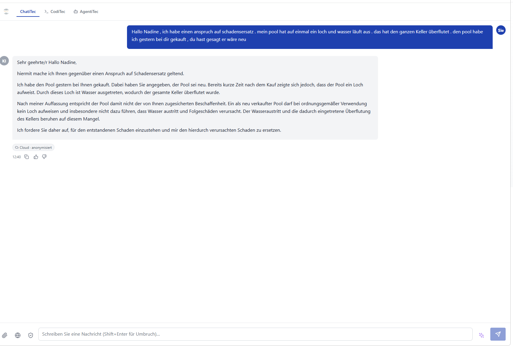 ChatiTec-Chat: ein anonymisiert verarbeiteter Schadensersatz-Fall mit Badge ‚Cloud · anonymisiert'
