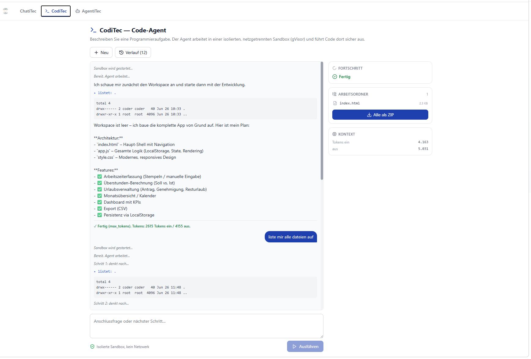 ChatiTec CodiTec: Code-Agent, der in einer isolierten, netzgetrennten Sandbox arbeitet