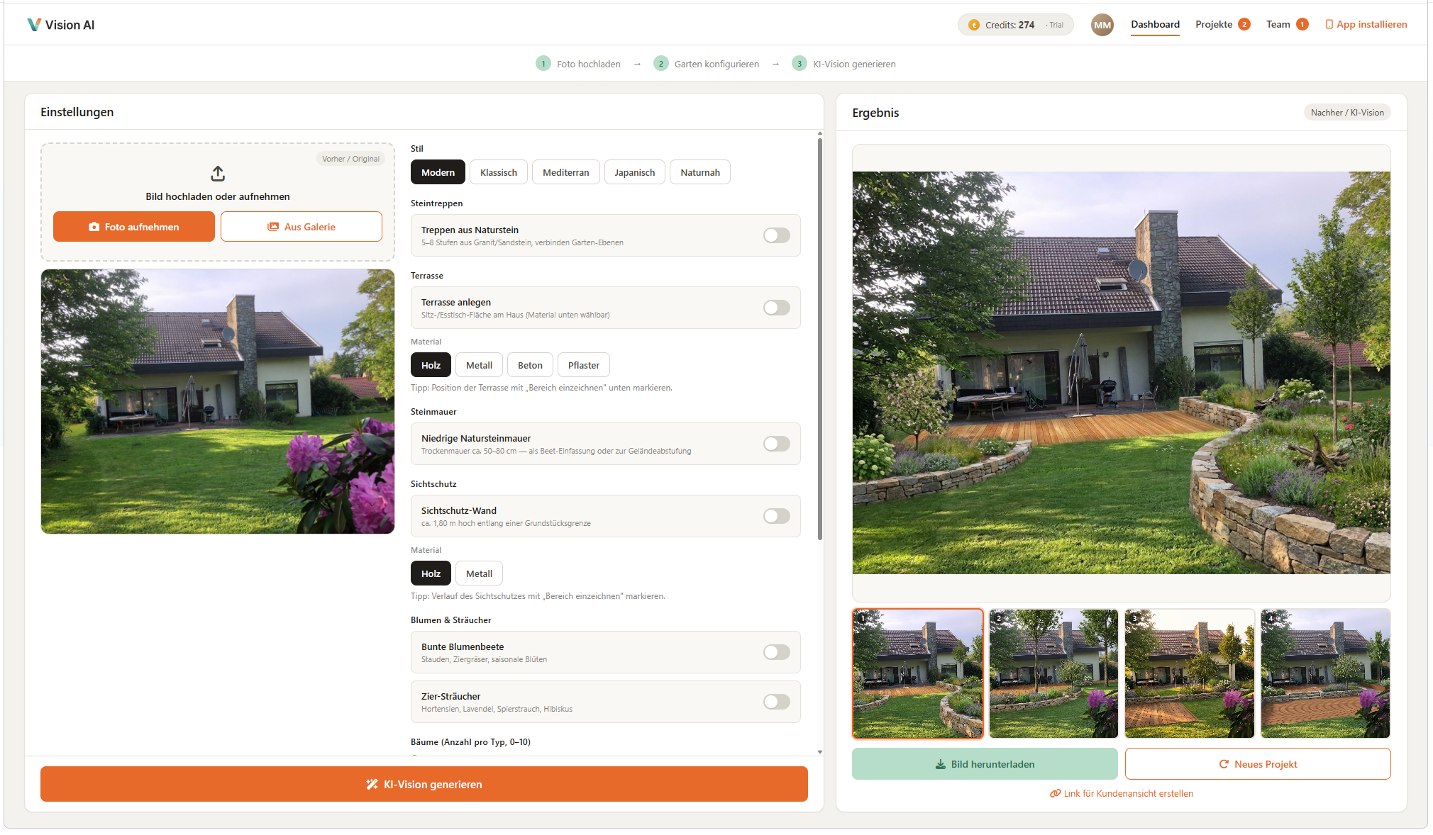 Vision-AI: aus dem Originalfoto eines Gartens entsteht eine fotorealistische Visualisierung mit Terrasse und Natursteinmauer